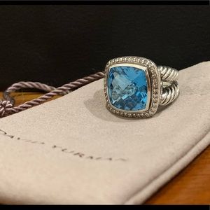 David Yurman 14mm Albion Blue Topaz & Diamonds Split Shank Cushion Ring, Sz 6